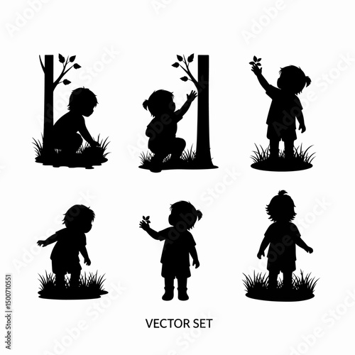 Kids silhouettes playing nature scenery childhood set