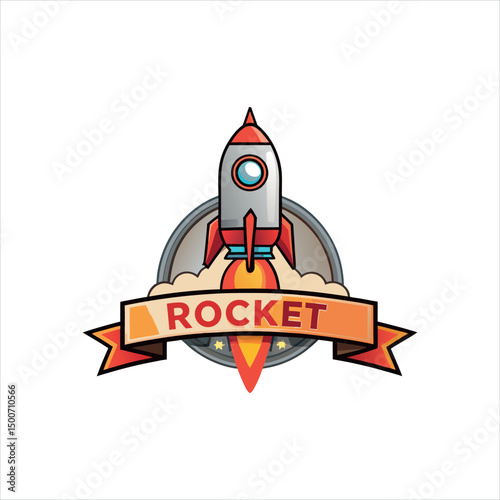 Rocket Launch Logo Design with Fire Flame and Banner