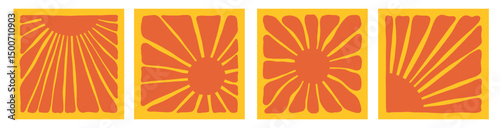 Trendy groovy sun collection. Red hot ray pattern set. Retro summer background