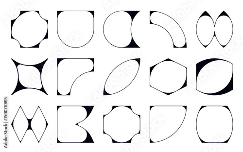 Abstract geometric shapes collection. Modern brutal graphic elements with thin line aesthetic