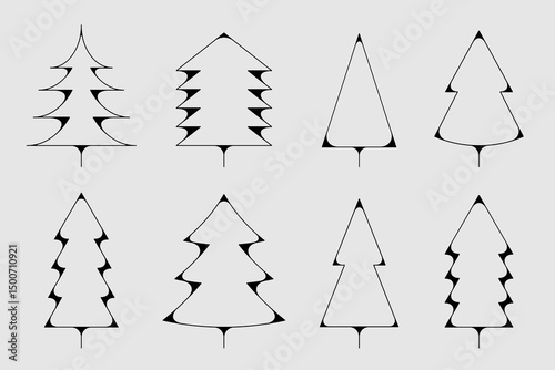Christmas tree icon set. Black thin line modern design fir or pine