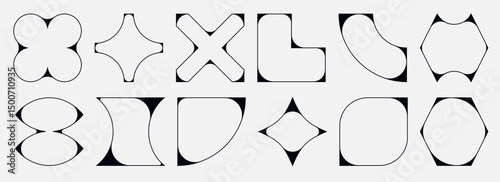 Abstract geometric shapes collection. Modern brutal graphic elements with thin line aesthetic