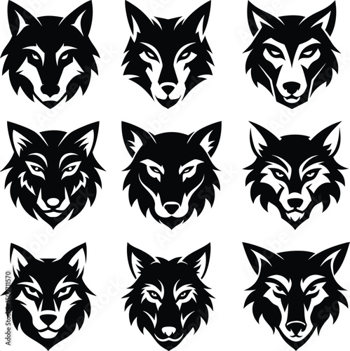 Nine black wolf heads showcase diverse abstract designs on a white plain field