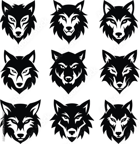 Nine black wolf head emblems show striking stylized imagery on a white backdrop