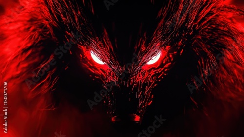 Intense Red Wolf Creature with Glowing Eyes Emerging from Darkness