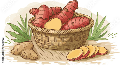 Fresh Ginger Root in Woven Basket Natural Background Illustration