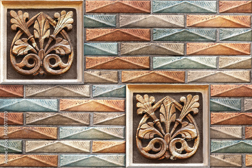 Fototapeta Naklejka Na Ścianę i Meble -  Home decorative 3d elevation wall tiles design, Seamless Ceramic Tiles Designs, Seamless Ceramic Wall tiles design Natural Stone Bricks wallpaper design Home decorative 3d elevation Background.