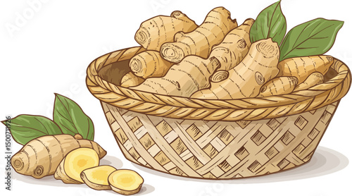 Ginger Root in Basket Fresh Produce White Background Design