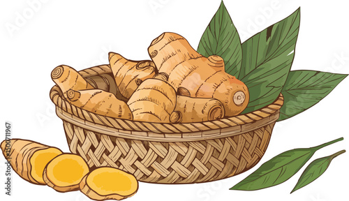Fresh Ginger Root in Woven Basket on White Background
