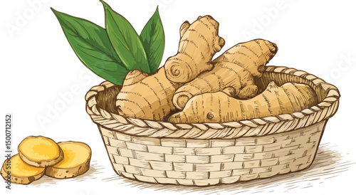 Fresh Ginger Root in Woven Basket on White Background