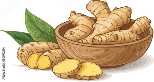 Fresh Ginger Root in White Bowl Clean Vector Background Design