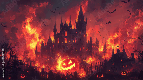 Halloween night scene background with castle with halloween pumpkin within flames in the graveyard and bats in the night