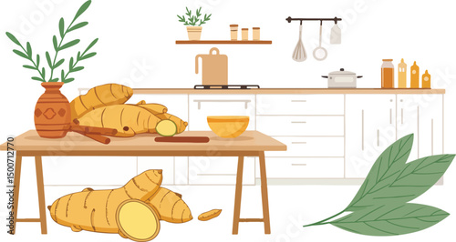 Fresh Ginger Root on Kitchen Tabletop Vibrant Vector Illustration