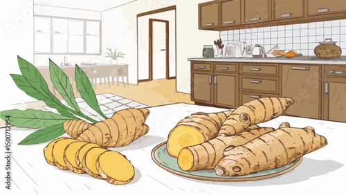 Fresh Ginger Root on Kitchen Tabletop Vibrant Vector Illustration