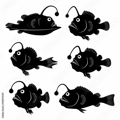 Anglerfish monsters silhouettes, deep sea predator creatures set