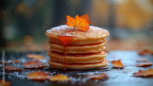 Stacked pancakes dusted with powdered sugar, maple leaf topping, syrup drizzling