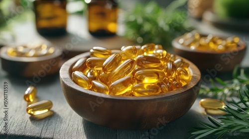 Nutritional supplements: gold capsules in wooden bowls in wellness setting