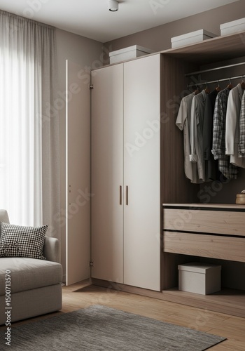 Modern Minimalist Bedroom Interior Photo of a White Wardrobe With Wooden Accents