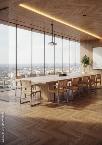 Modern Office Conference Room Interior View with Wooden Table and City Skyline