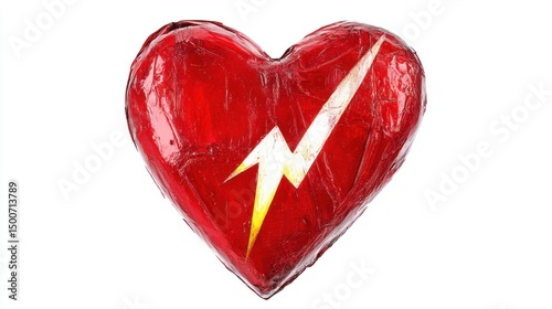 Cracked red heart, lightning strike, white background, heartbreak concept, graphic design