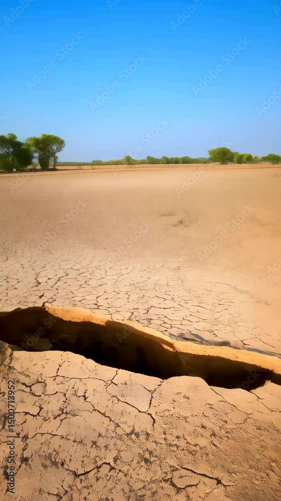 Cracked arid land under clear blue sky shows drought affected earth and soil erosion and desertification in dry region