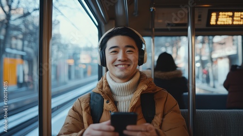 Smiling man headphones commute train city phone