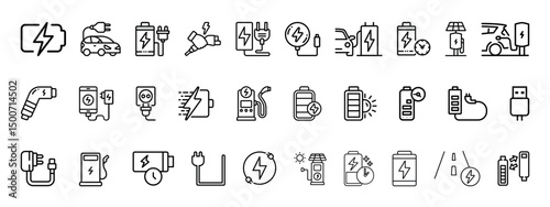 Charging related outline icon set. Battery related. Collection of  EV, USB, renewable power, station, plug, recycling, solar, and phone charging outline icons.