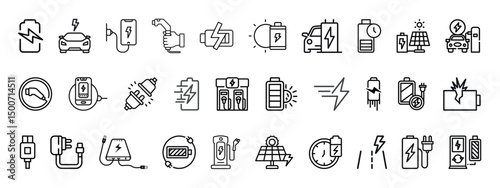 Charging related outline icon set. Battery related. Collection of  EV, USB, renewable power, station, plug, recycling, solar, and phone charging outline icons.
