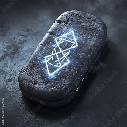 Hovering power bank shaped like a magical rune stone