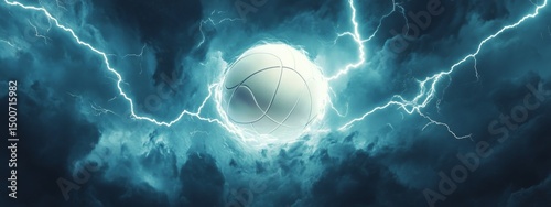 Volleyball Surge, a bright white volleyball illuminated by lightning in a moody storm backdrop, symbolizing explosive court action and team energy