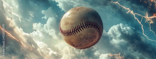 Baseball Tempest, a vintage-style baseball soaring through turbulent skies, surrounded by thunderclouds and electric arcs, raw competitive power