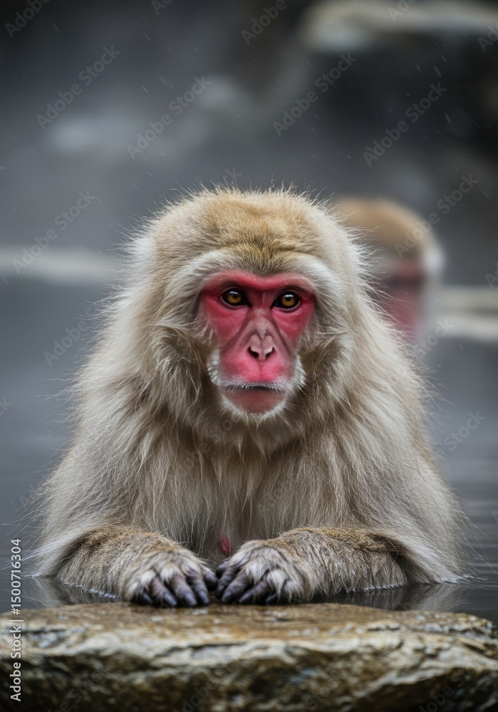 Naklejka premium Photo Close Up Of Snow Monkey In Hot Water Bath With Pink Face