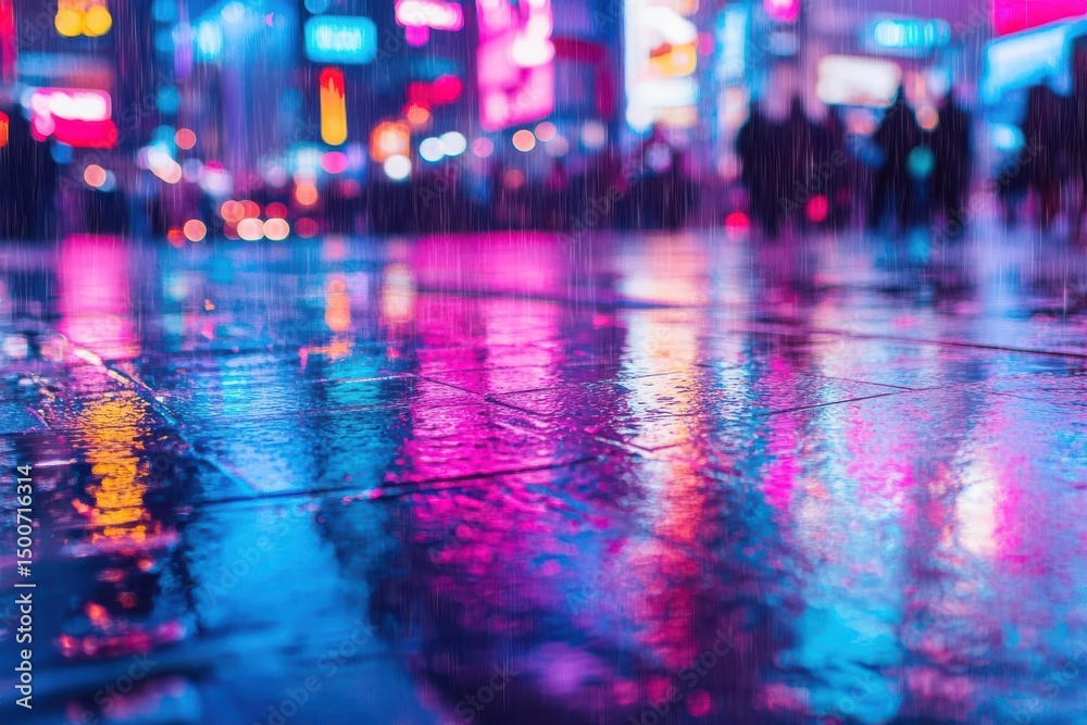Fototapeta premium Cyberpunk city nightscape with neon reflections on rain-soaked pavement for VR game environments, tech conference visuals, and futuristic film poster designs. Vibrant pink and blue urban atmosphere. 