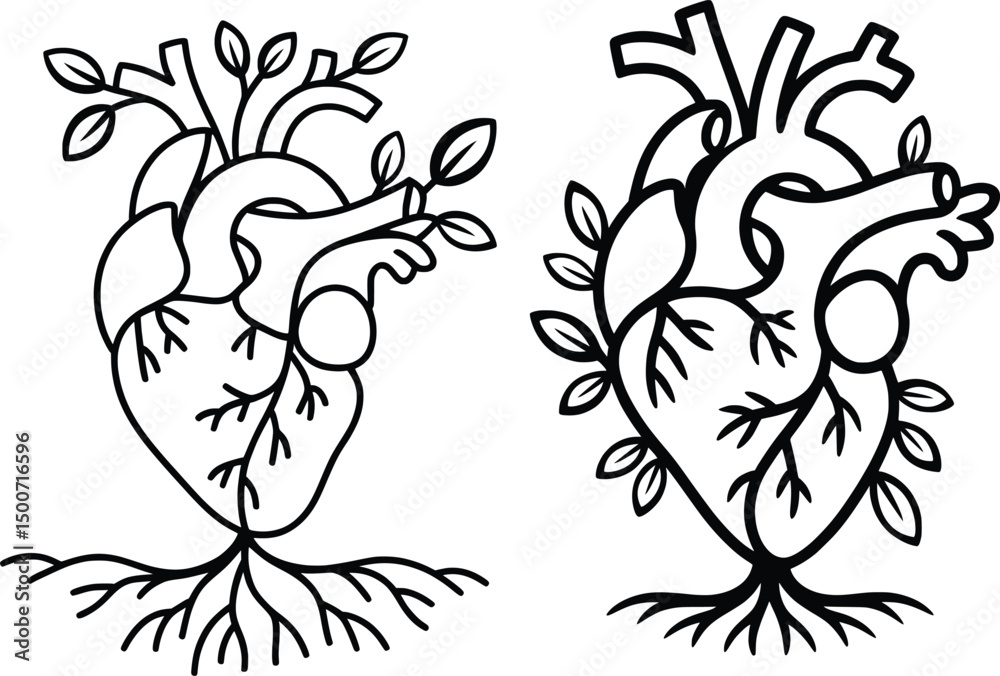 Obraz premium Botanical Heart Illustration, Anatomical Nature Art with Roots and Leaves.