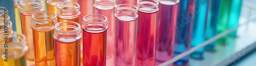 Bright test tubes with multi-colored substances, close-up. Concept of scientific research, study, education. Ideal for a banner on a chemistry, pharmaceuticals, medicine, technology, science website.