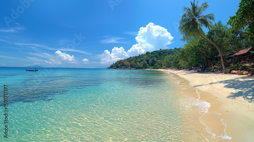 tropical beach panorama, seascape with a wide horizon, showcasing the beautiful expanse of the sky meeting the sea