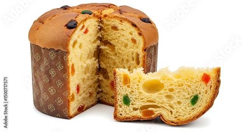 A sliced panettone with candied fruit on a white background in a studio shot