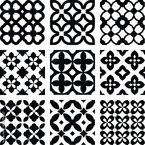 Nine geometric patterns with fourleaf clover motifs create an eyecatching black and white array