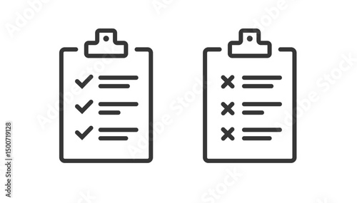Checklist clipboard line stroke icon vector set, check list clip board outline thin linear simple pictogram sign symbol set with success review checkmarks and wrong fail quality cross inspection image