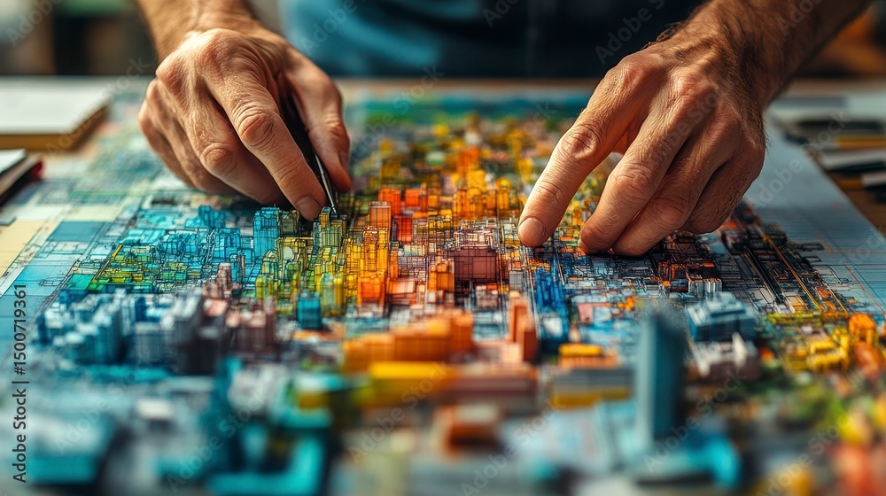 Fototapeta premium Hands meticulously arranging colorful, raised cityscape elements on a map base