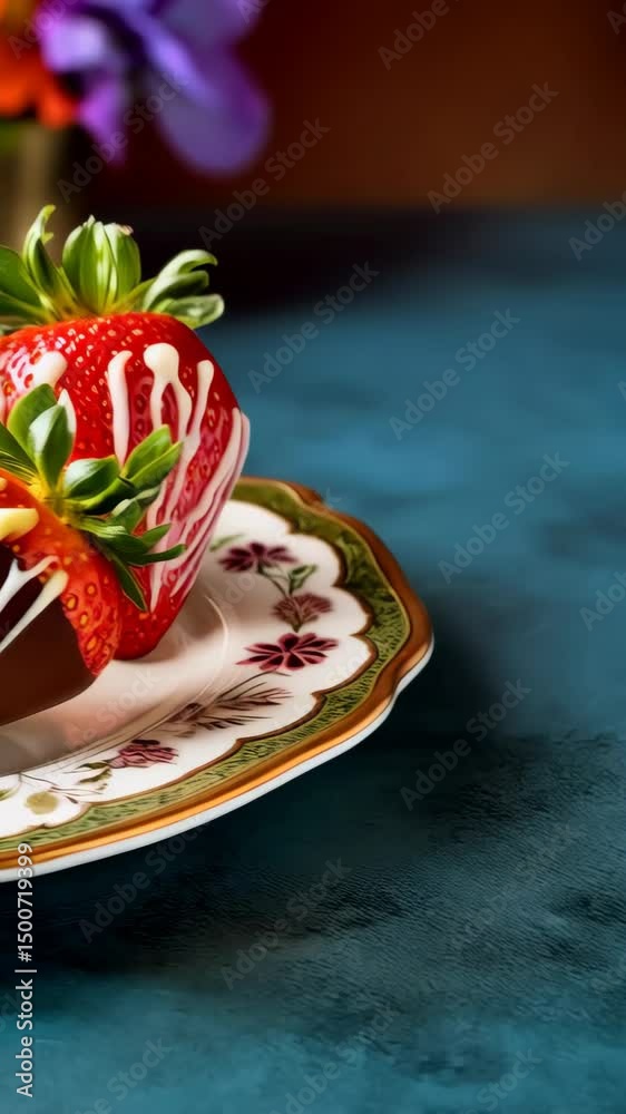 Elegant presentation of chocolate covered strawberries with white chocolate drizzle on decorative vintage plate for gourmet dessert indulgence