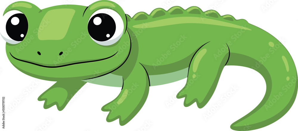Fototapeta premium cartoon, cute, smiling, happy, green lizard, big eyes, kawaii, vector illustration 