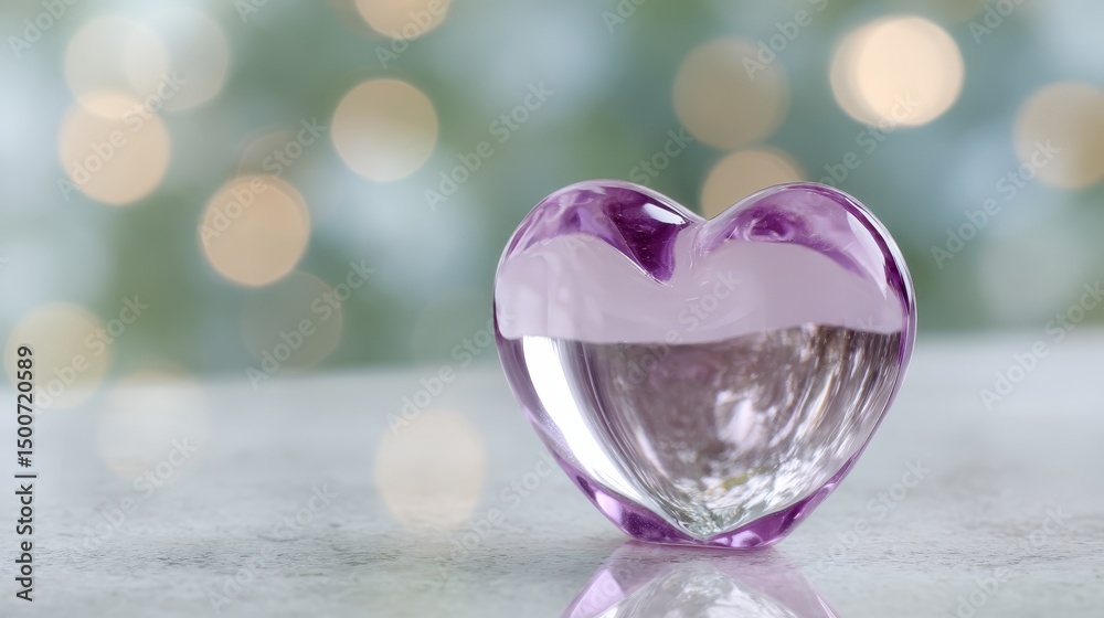 Delicate Purple Glass Heart on a Soft Surface, Reflecting Light, Surrounded by a Dreamy Bokeh Background, Evoking Love and Serenity. Delicate Purple Glass Heart on a Soft Surface, Reflecting Light, Surrounded by a Dreamy Bokeh Background, Evoking Love and Serenity.