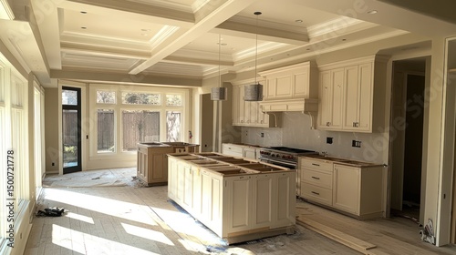 Luxury kitchen interior during installation with custom islands and cabinetry