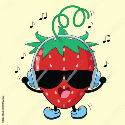Cute Funny And Sweet Strawberry Cartoon Listening Music Happily Clipart Illustration