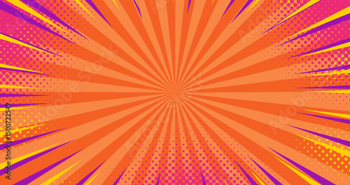 Abstract orange pink red magenta purple comic book pattern. Cartoon speed dynamic lines. Children design style. Dynamic retro pop art texture. Moving on round. Sunny summer kid funny banner. Bright BG