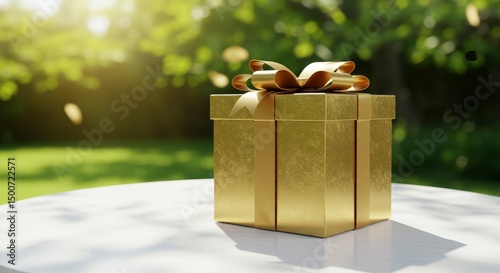 Golden Gift Box in Sunny Garden - A gold gift box with a golden ribbon sits on a white table outdoors, bathed in sunlight. Perfect for celebrations and gifting concepts