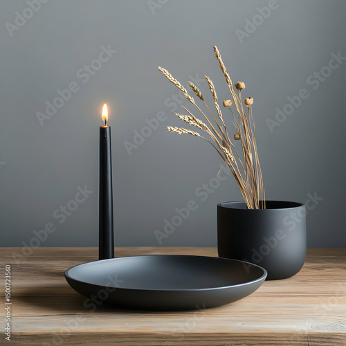 Black candle, plate, and dried flowers