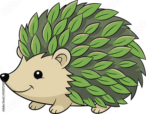 cute cartoon hedgehog, detailed illustration, green leaves texture, adorable animal, whimsical style, digital painting, beautiful rendering, high quality
