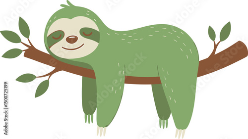 sloth, cute, smiling, tree branch, green leaves, hanging upside down, whimsical, digital art, 4k, highly detailed, vibrant colors, intricate, soft textures
